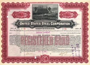 United States Steel Corp $100,000 Gold Bond Issued to Andrew Carnegie - 1901 dated Cranberry Color Steel Bond