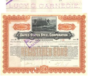 Issued to Lucy Coleman Carnegie United States Steel Corporation $100,000 Gold Bond - 1901 dated Orange Color Steel Bond