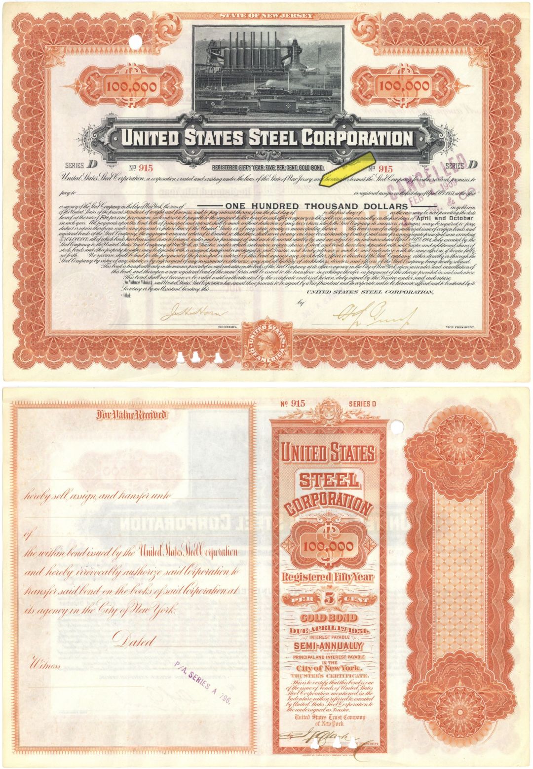 Issued to Henry Phipps - United States Steel Corporation $100,000 Gold Bond - 1901 dated Orange Color Steel Bond - Faded Rubber Stamps