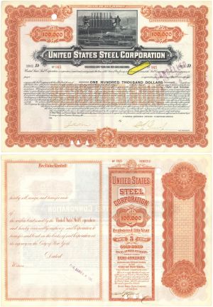 Issued to Henry Phipps - United States Steel Corporation $100,000 Gold Bond - 1901 dated Orange Color Steel Bond - Faded Rubber Stamps