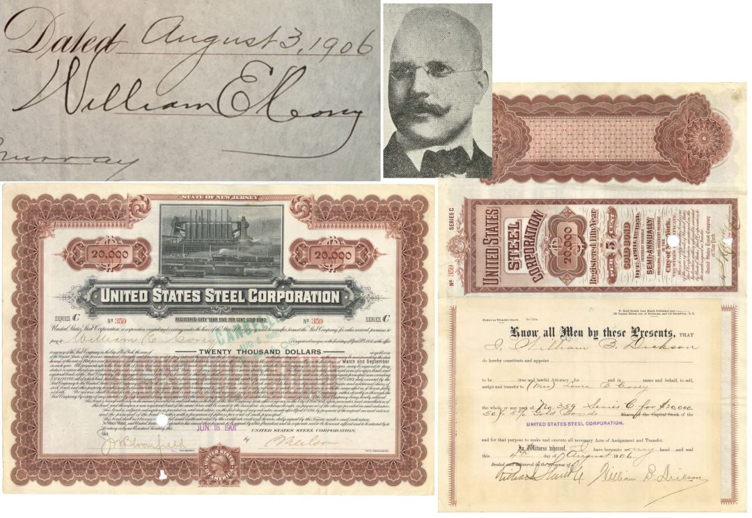 Issued to William E. Corey - United States Steel Corporation $20,000 Gold Bond - 1901 dated Brown Color Steel Bond - Very Rare Type