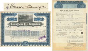 Issued to Thomas Morrison Carnegie Jr. - Andrew Carnegie's Nephew - United States Steel Corporation $5,000 Gold Bond - 1926 dated Blue Color Steel Bond - Very Rare Type