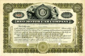 Ransom Eli Olds - Reo Motor Car Company - Signed Stock Certificate