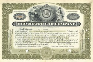 Ransom Eli Olds signed Reo Motor Car Stock Certificate - 1916 dated Autograph of Famous Car Maker