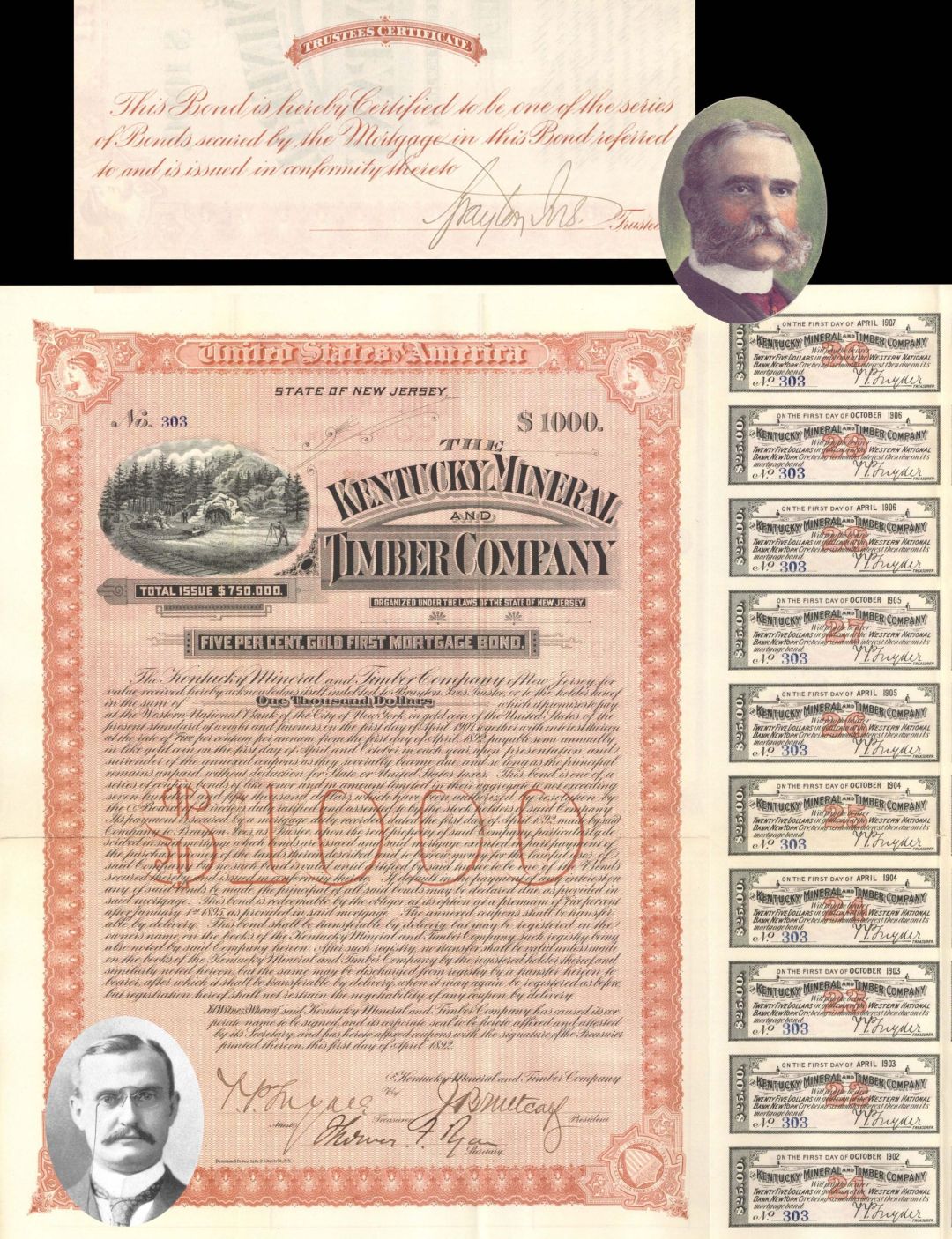 Kentucky Mineral and Timber Co. $1,000 Uncanceled Gold Bond signed by Brayton Ives and Thomas Fortune Ryan - 1892 dated Autographed Bond