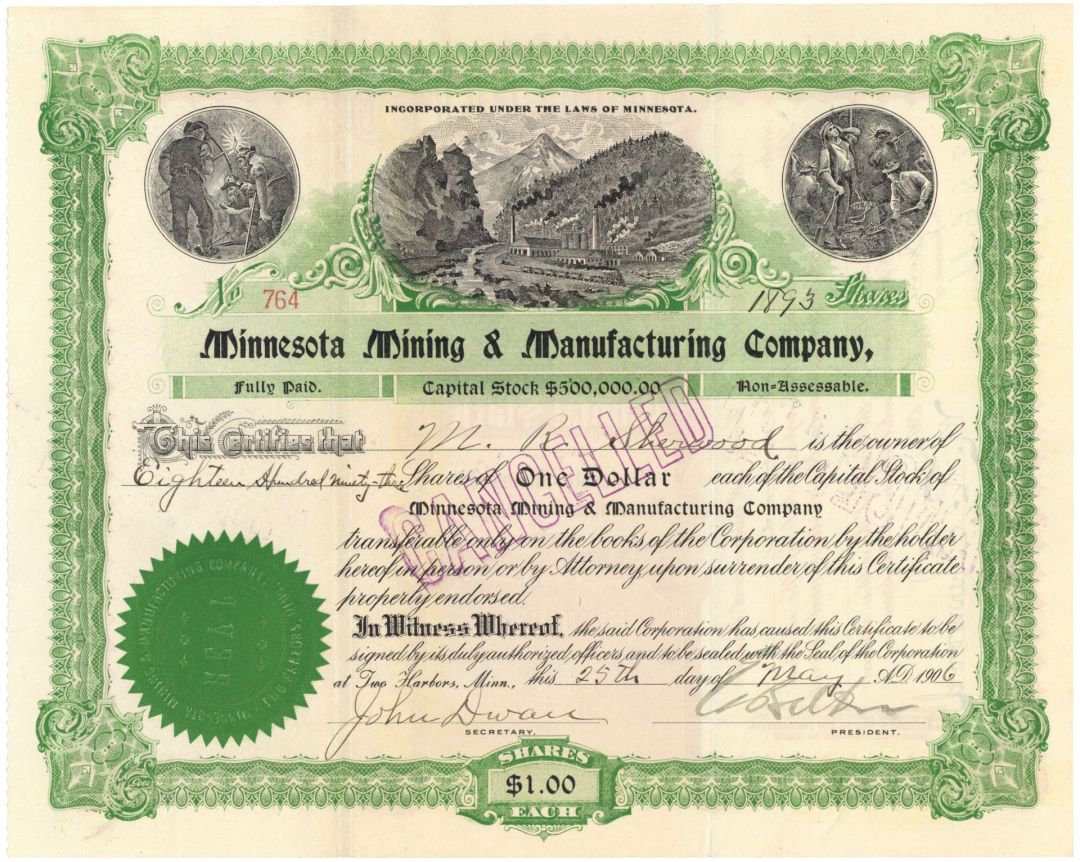 Minnesota Mining and Manufacturing Co. signed by John Dwan & Edgar B. Ober - 3M Company - 1905-06 dated Autograph Stock Certificate - 2 of the 5 Founders
