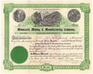 Minnesota Mining and Manufacturing Co. signed by John Dwan & Edgar B. Ober - 3M Company - 1905-06 dated Autograph Stock Certificate - 2 of the 5 Founders
