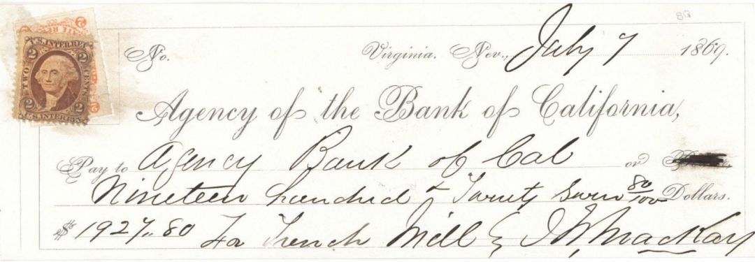 John W. MacKay signed California check - Western Mining Magnate