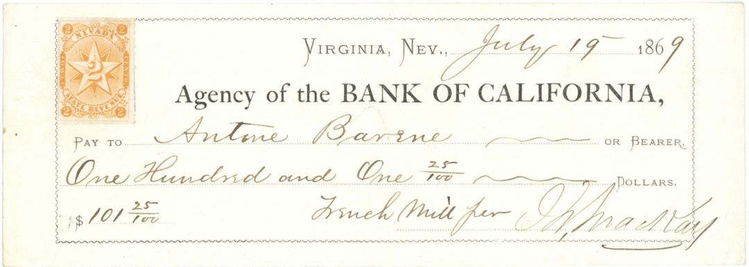 John W. MacKay signed California 1869 dated check - Western Mining Magnate - Autograph with Beautiful Nevada State Revenue