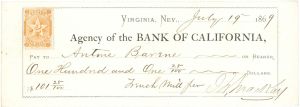 John W. MacKay signed California 1869 dated check - Western Mining Magnate - Autograph with Beautiful Nevada State Revenue