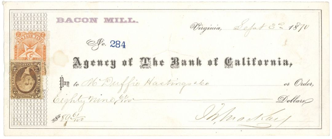 John W. MacKay signed 1870 dated California check - Western Mining Magnate - Autograph