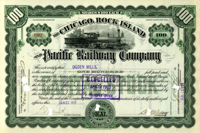 Ogden Mills - Chicago Rock Island and Pacific - Stock Certificate