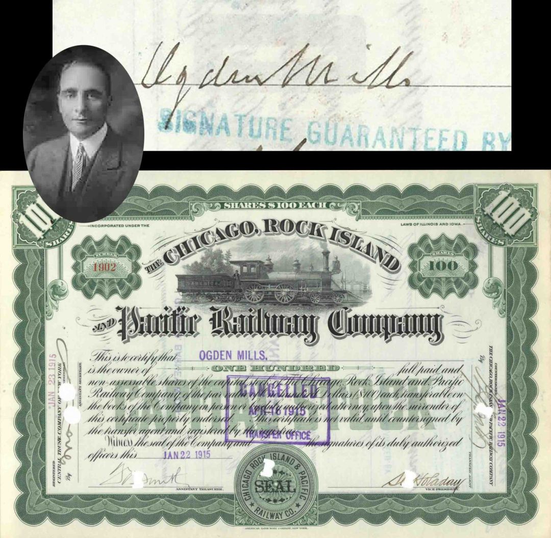 Chicago, Rock Island and Pacific Railroad Co. signed by Ogden Mills - 1915 dated Autograph Railway Stock Certificate