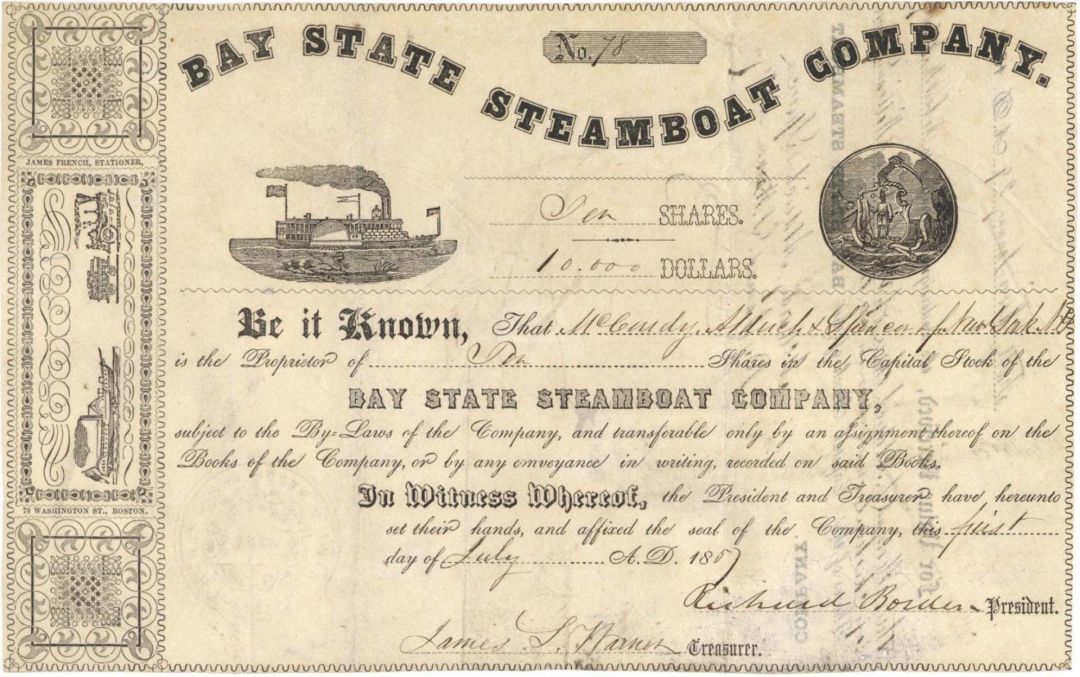 Bay State Steamboat Co. Signed by Richard Borden - 1857 or 1855 dated Autograph Stock Certificate