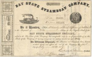Bay State Steamboat Co. Signed by Richard Borden - 1857 or 1855 dated Autograph Stock Certificate