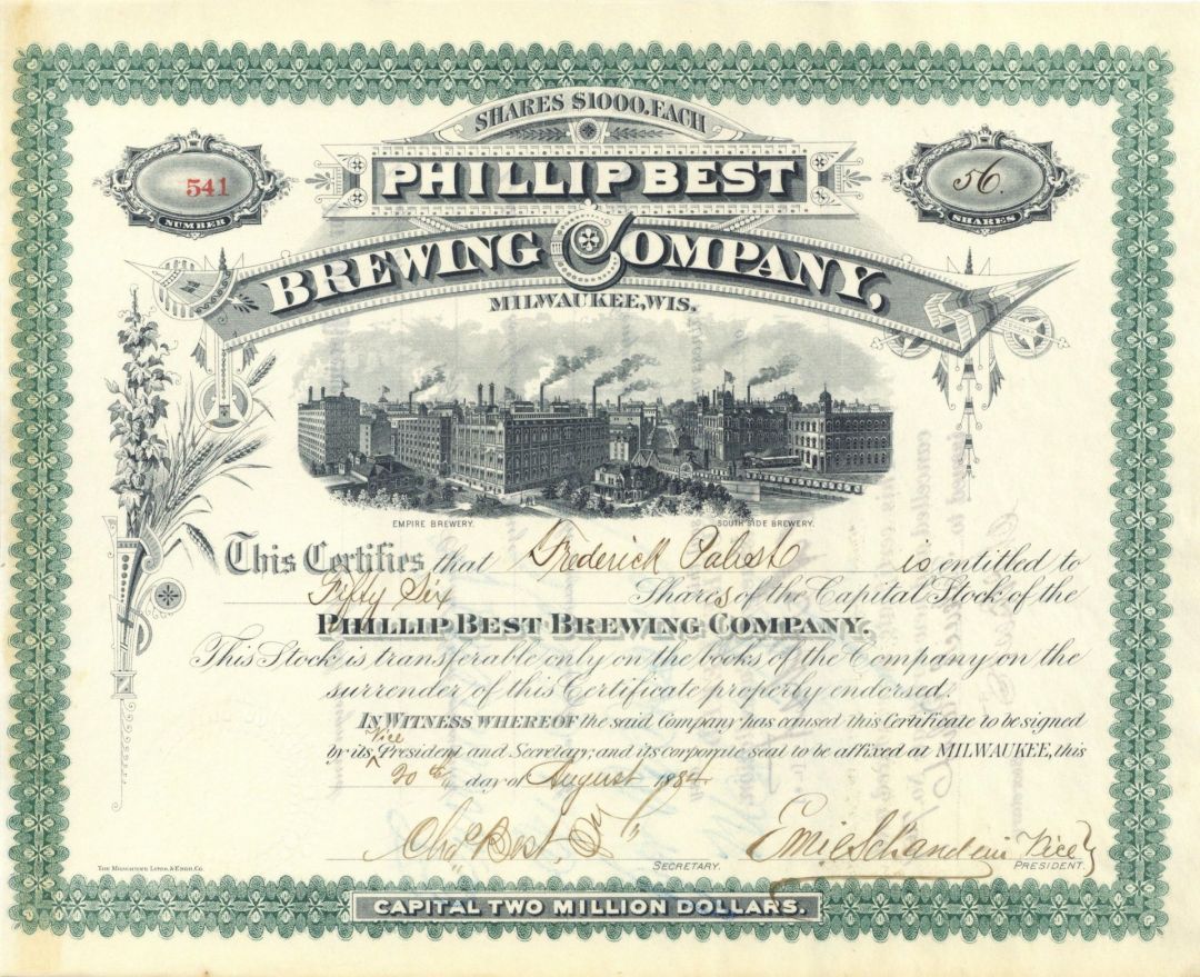 Frederick Pabst and Charles Best signed Phillip Best Brewing Co - Stock Certificate