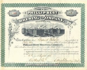 Frederick Pabst and Charles Best signed Phillip Best Brewing Co - Stock Certificate