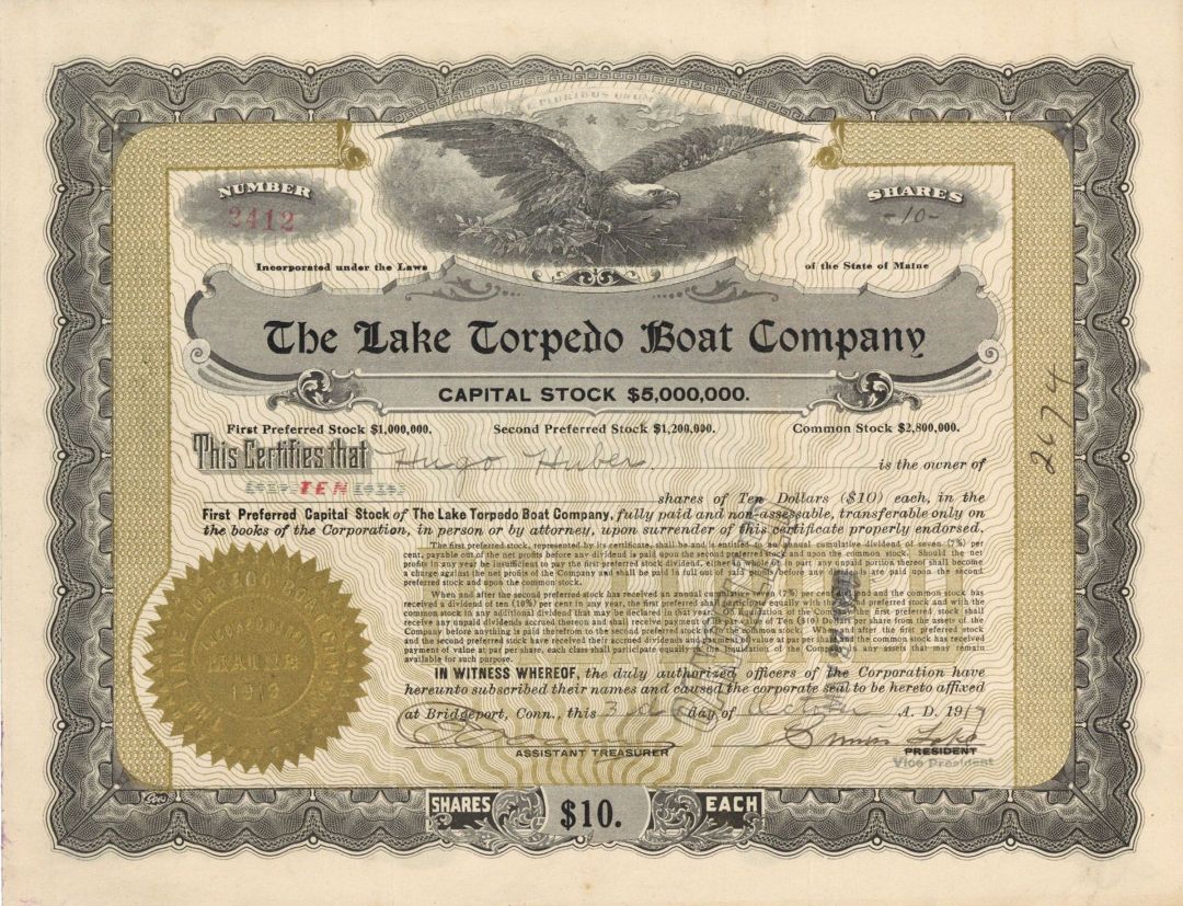 Lake Torpedo Boat Co. Signed by Simon Lake - 1915-1920 dated Autograph Stock Certificate
