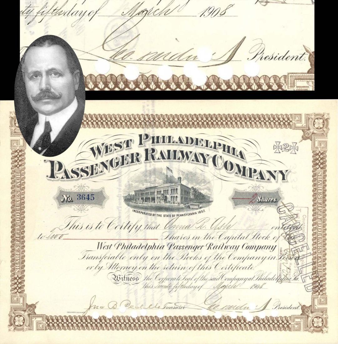 West Philadelphia Passenger Railway Co. signed by George D. Widener - Died on the Titanic - 1898-1908 dated Autographed Stock Certificate