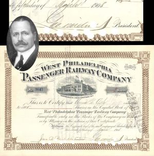West Philadelphia Passenger Railway Co. signed by George D. Widener - Died on the Titanic - 1898-1908 dated Autographed Stock Certificate
