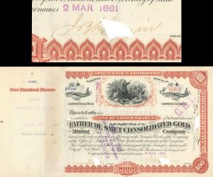 Father De Smet Consolidated Gold Mining Co. Signed by James Ben Ali Haggin - 1881 or 1884 dated Autographed Stock Certificate