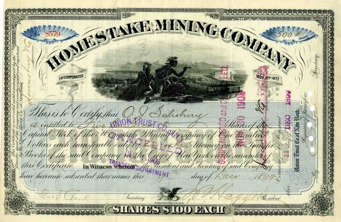James Ben Ali Haggin - Homestake Mining Co. - Stock Certificate (Uncanceled)