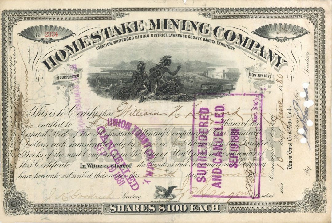 James Ben Ali Haggin signed Homestake Mining Co. - 1880 dated Autograph Mining Stock Certificate (Uncanceled)