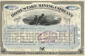 Homestake Mining Co. signed by Lloyd Tevis - 1898 or 1899 dated Autograph Mining Stock Certificate (Uncanceled)