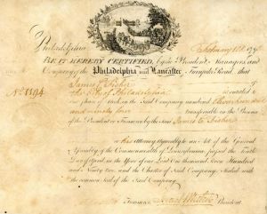 Philadelphia and Lancaster Turnpike signed by Israel Whelen - Stock Certificate