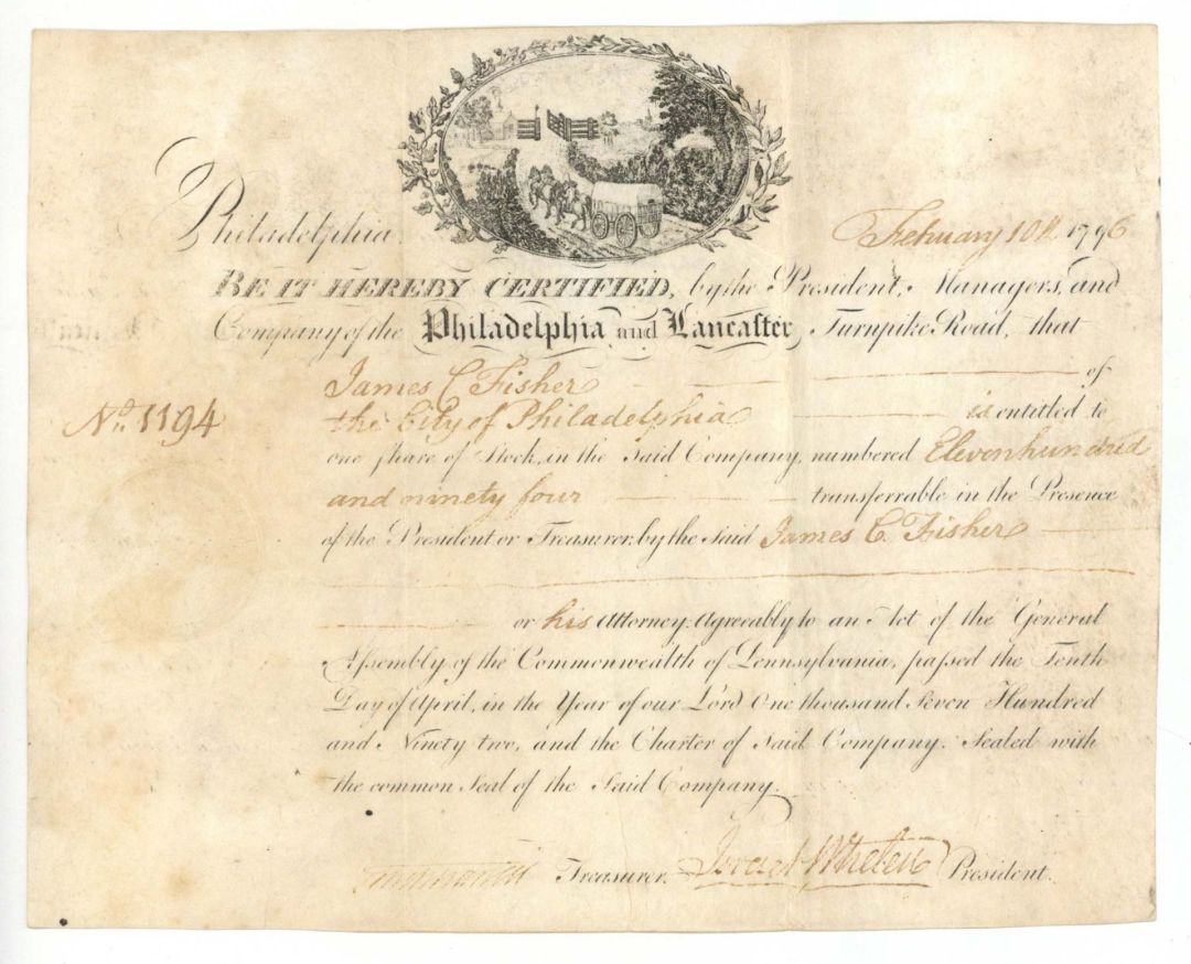 Philadelphia and Lancaster Turnpike signed by Israel Whelen - 1796 dated Autographed Stock Certificate