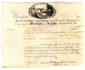 Philadelphia and Lancaster Turnpike Road signed by William Bingham - Vellum Stock Certificate