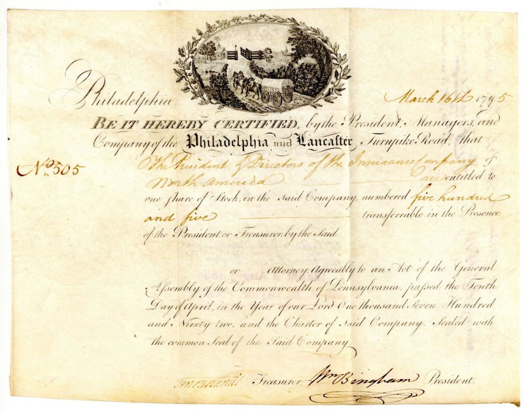 Philadelphia and Lancaster Turnpike signed by William Bingham - Vellum Stock Certificate