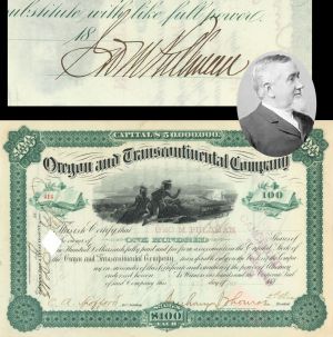 Oregon and Transcontinental Co. issued to and signed by Geo. M. Pullman - 1881 dated Stock Certificate