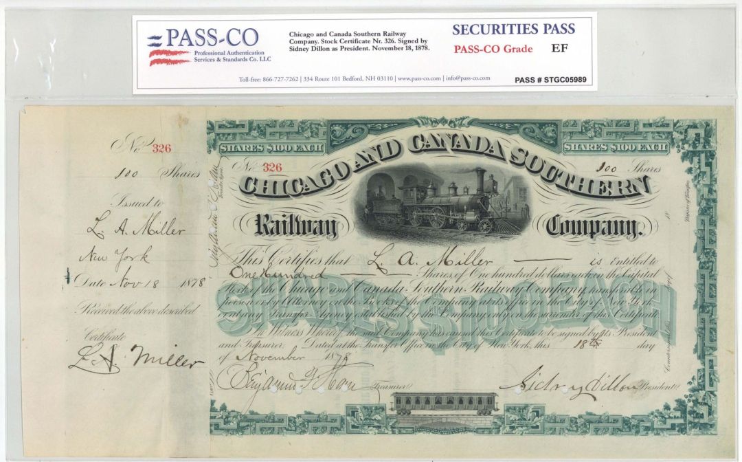 Chicago and Canada Southern Railway Co. signed by Sidney Dillon - PASS-CO Authenticated - 1878 dated Autograph Stock Certificate