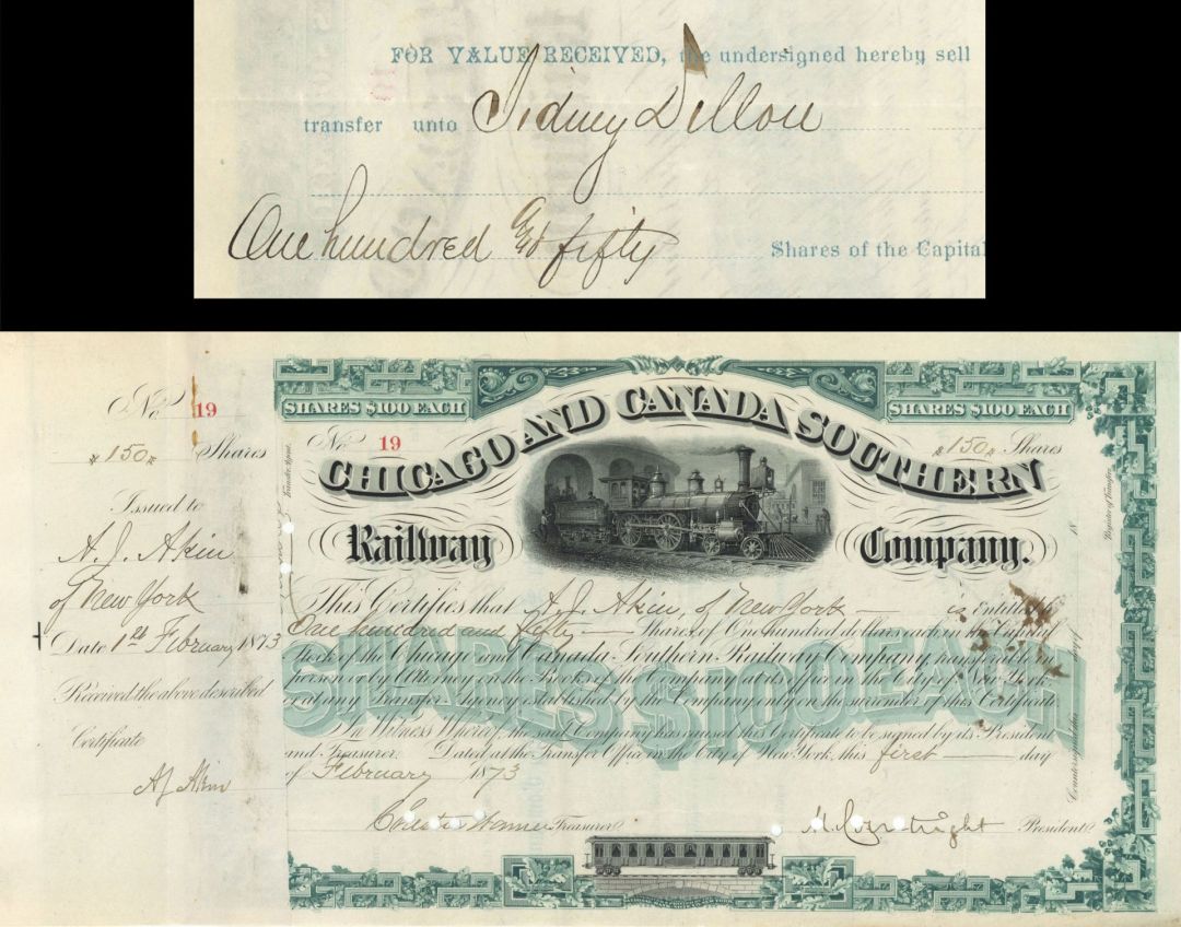Chicago and Canada Southern Railway Co. Transferred to Sidney Dillon - 1873 dated Autographed Stock Certificate