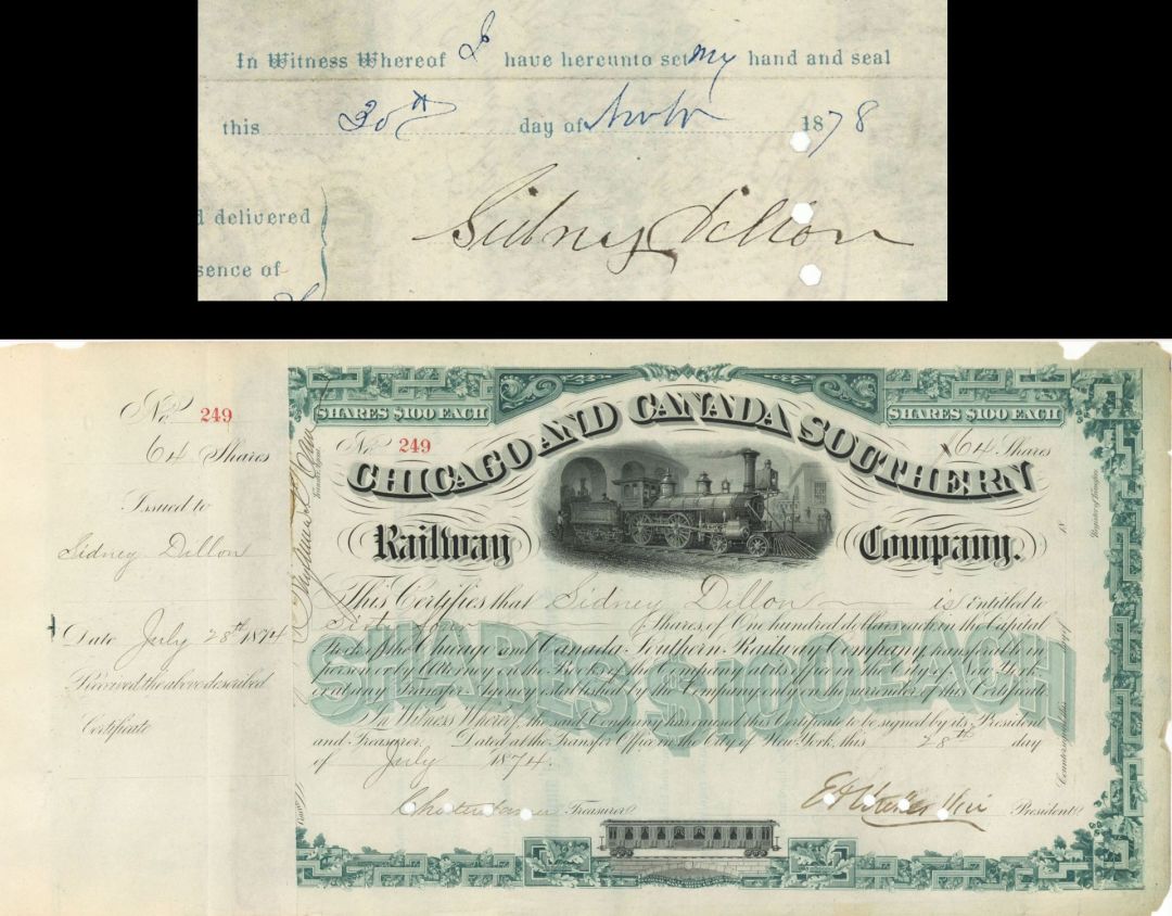 Chicago and Canada Southern Railway Co. Issued to and signed by Sidney Dillon - 1874 dated Autographed Stock Certificate