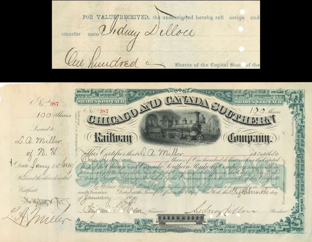 Chicago and Canada Southern Railway Co. transferred to and signed by Sidney Dillon - 1879 dated Autographed Stock Certificate