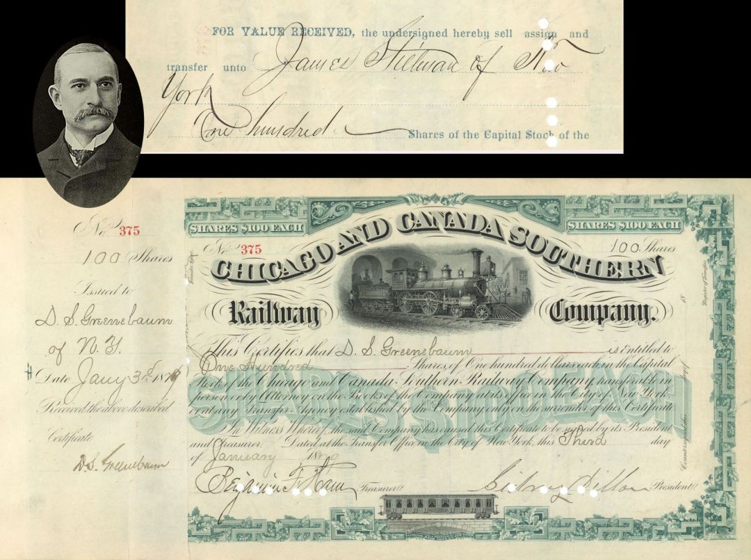 Chicago and Canada Southern Railway Co.  signed by Sidney Dillon and transferred to James Stillman - 1879 dated Autographed Stock Certificate