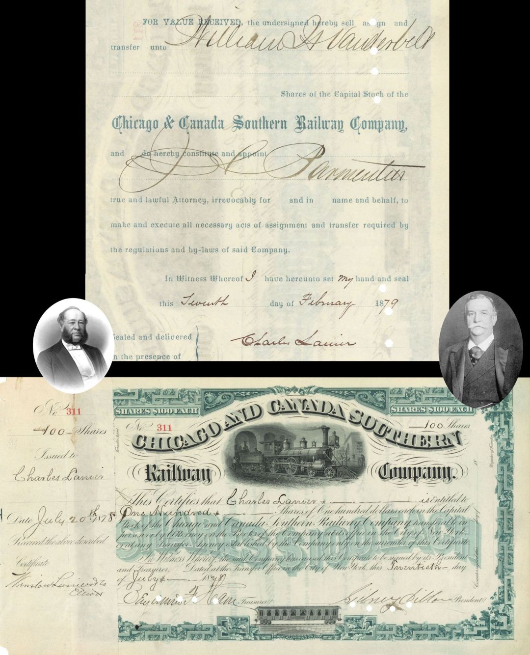 Chicago and Canada Southern Railway Co.  Signed by Sidney Dillon and transferred to W.H. Vanderbilt - 1878 dated Autographed Stock Certificate