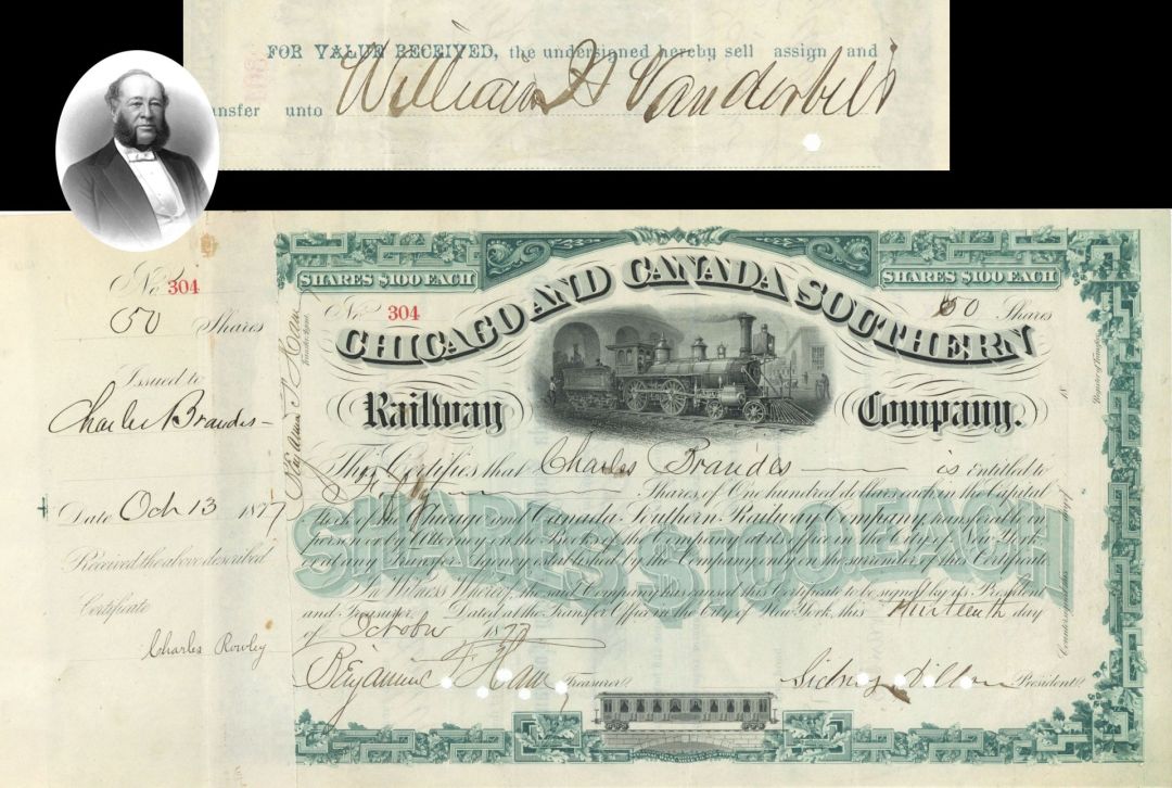 Chicago and Canada Southern Railway Co.  Signed by Sidney Dillon and transferred to W.H. Vanderbilt - 1877 or 1878 dated Autographed Stock Certificate