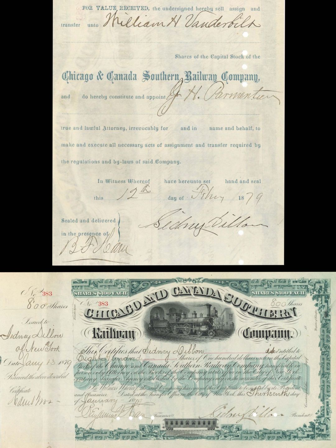 Chicago and Canada Southern Railway Co. Issued to and Signed by Sidney Dillon - 1879 dated Autographed Stock Certificate