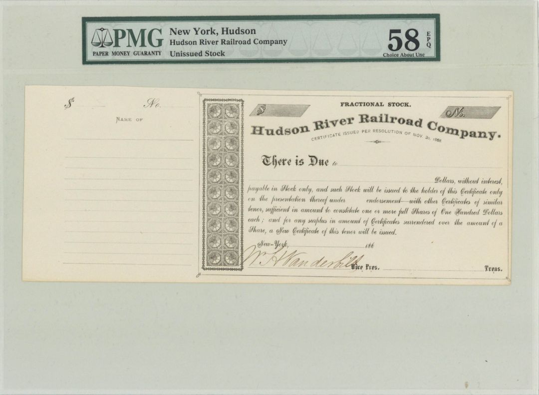 Hudson River Railroad Co. signed by William H. Vanderbilt  - Unissued Autographed Stock Certificate (Uncanceled)