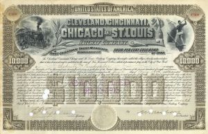 William K. Vanderbilt, Jr. signed as V.P. on Cleveland, Cincinnati, Chicago and St. Louis Railway - 1915 dated $10,000 Railroad Gold Bond - Autograph