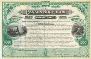 Cornelius Vanderbilt Jr. signed Canada Southern Railway - circa 1890's Partially Issued $1,000 Railroad Bond