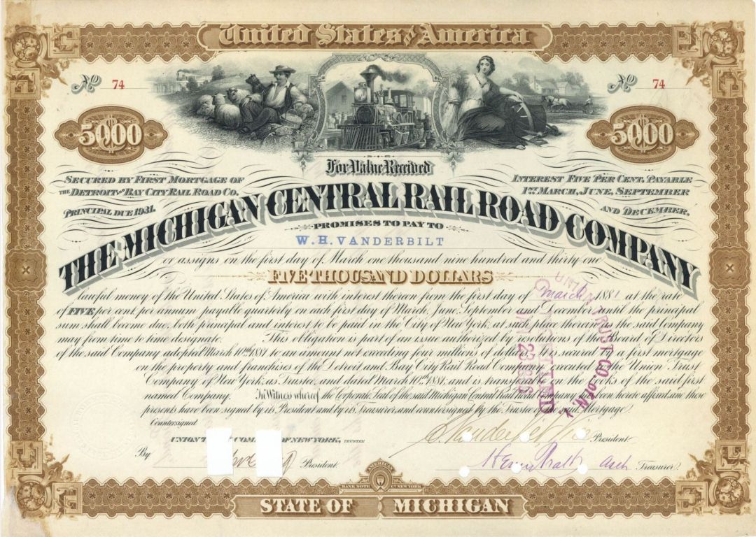 Michigan Central Railroad Co. Issued to W.H. Vanderbilt and signed by C. Vanderbilt, Jr. - $5,000 Autographed Bond dated 1881