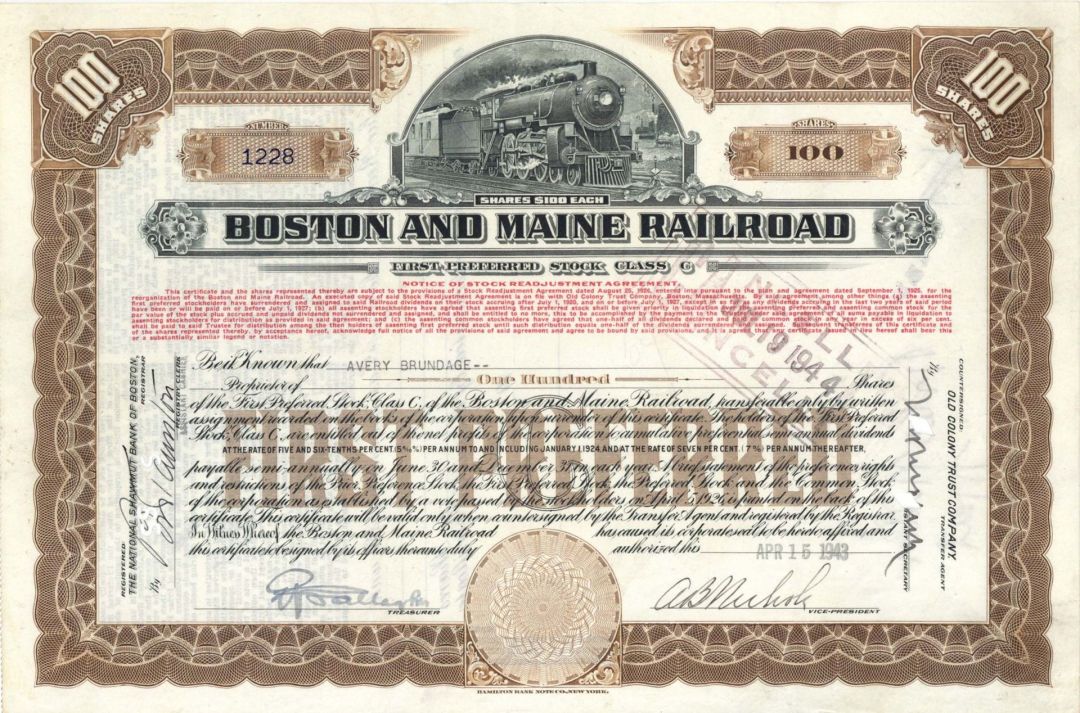 Boston and Maine Railroad Issued to Avery Brundage - 1943 dated Autographed Stock Certificate (Uncanceled)
