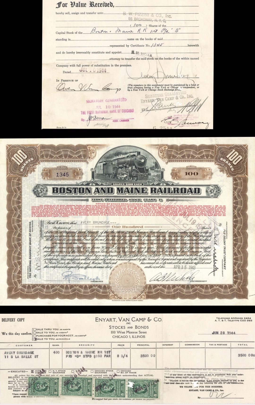 Boston and Maine Railroad issued to and signed on Transfer by Avery Brundage - 1943 and 1944 dated Autographed Stock Certificate (Uncanceled)