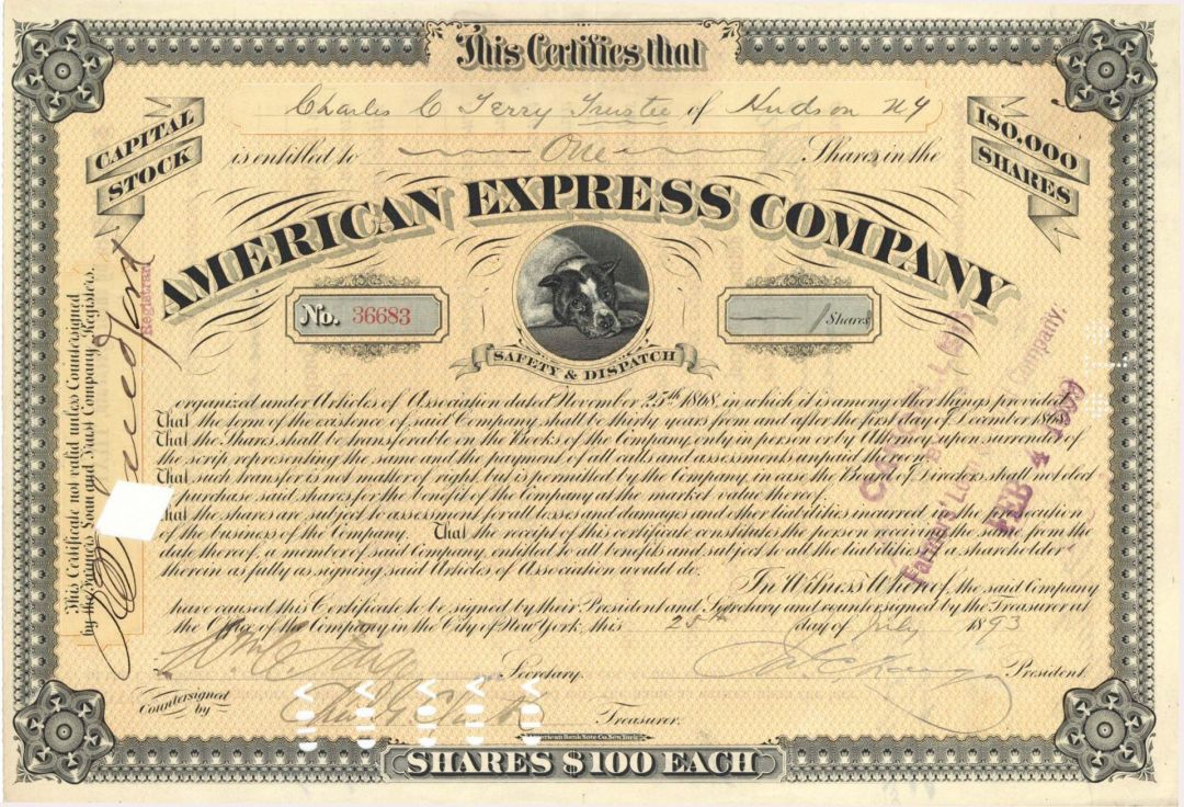American Express Co. signed by J. C. Fargo and W. C. Fargo - - Unique - 1893 or 1894 dated Autographed Stock Certificate