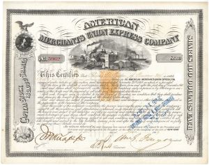 American Merchants Union Express Co. signed by William G. Fargo - 1869 dated Autograph Stock Certificate