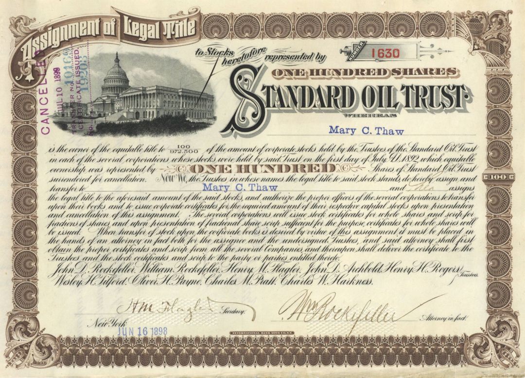 Standard Oil Trust signed by William Rockefeller and Henry Flagler - dated 1898 Autograph Stock Certificate